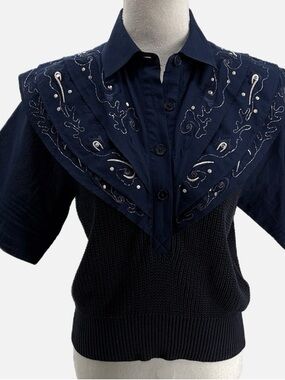 HUNTER BELL Navy Button-Front Knit Top with Pointed Collar